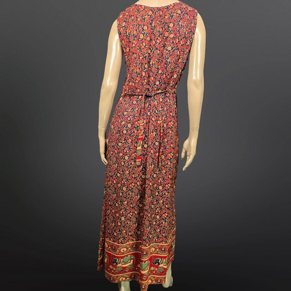 Vintage 90s Boho Maxi Granny Dress Size M Beaded Elephant Print Red Floral Rayon - Picture 8 of 11